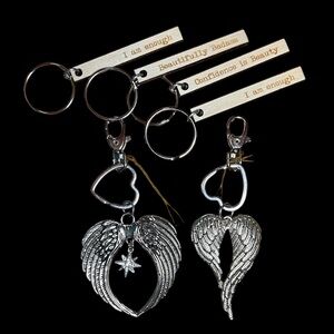 Six Stunning Keychains NEW Gift or Resell Angel wings hearts I am enough…